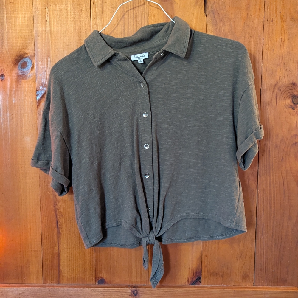 Splendid Olive Button-Down Tie-Front Shirt